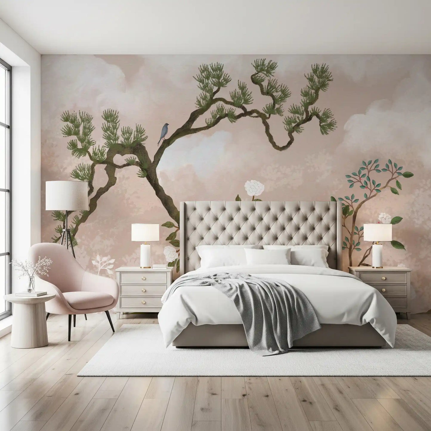 bedroom breathe gently with this chinoiserie wall mural of pine and a blue bird.