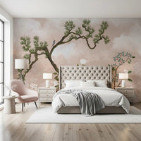 bedroom breathe gently with this chinoiserie wall mural of pine and a blue bird.