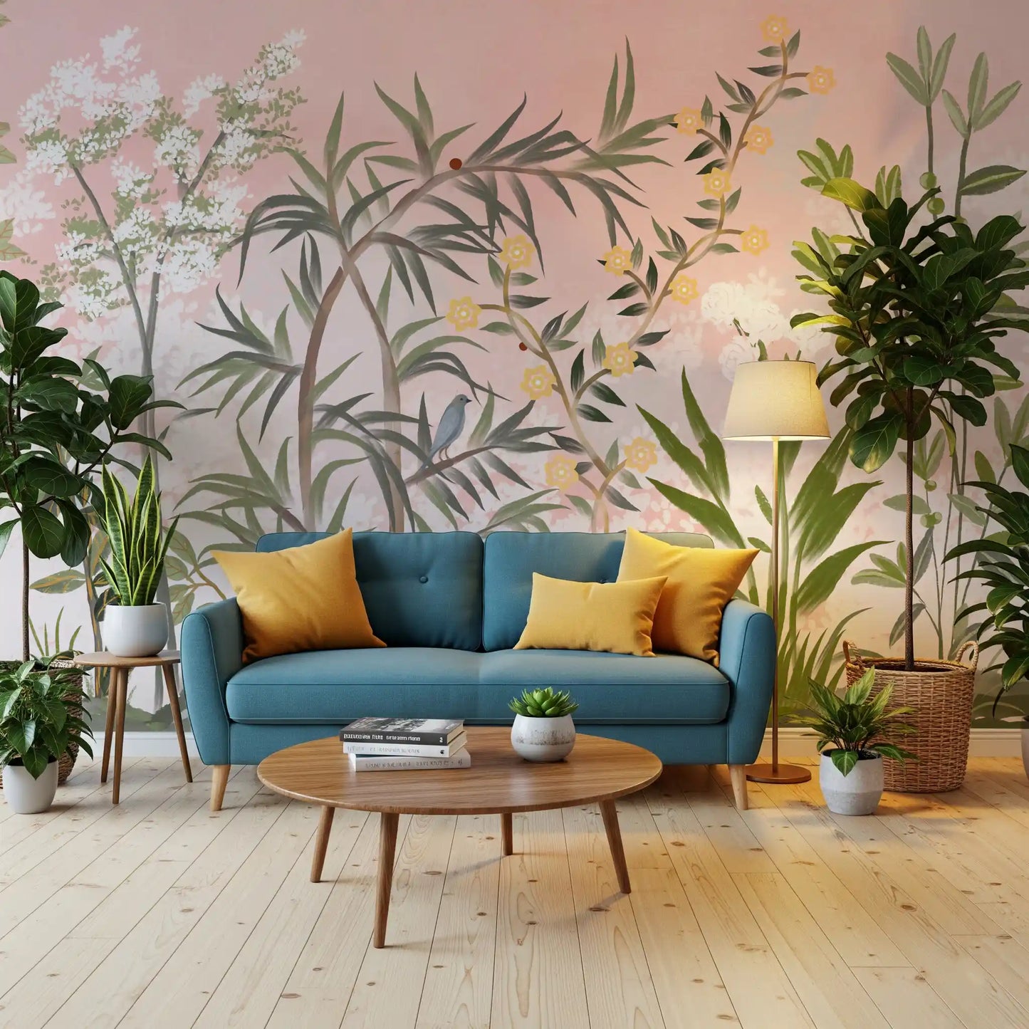 Sage and blush hues weave through a cosy living room with chinoiserie wall mural., GD9732