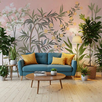 Sage and blush hues weave through a cosy living room with chinoiserie wall mural., GD9732