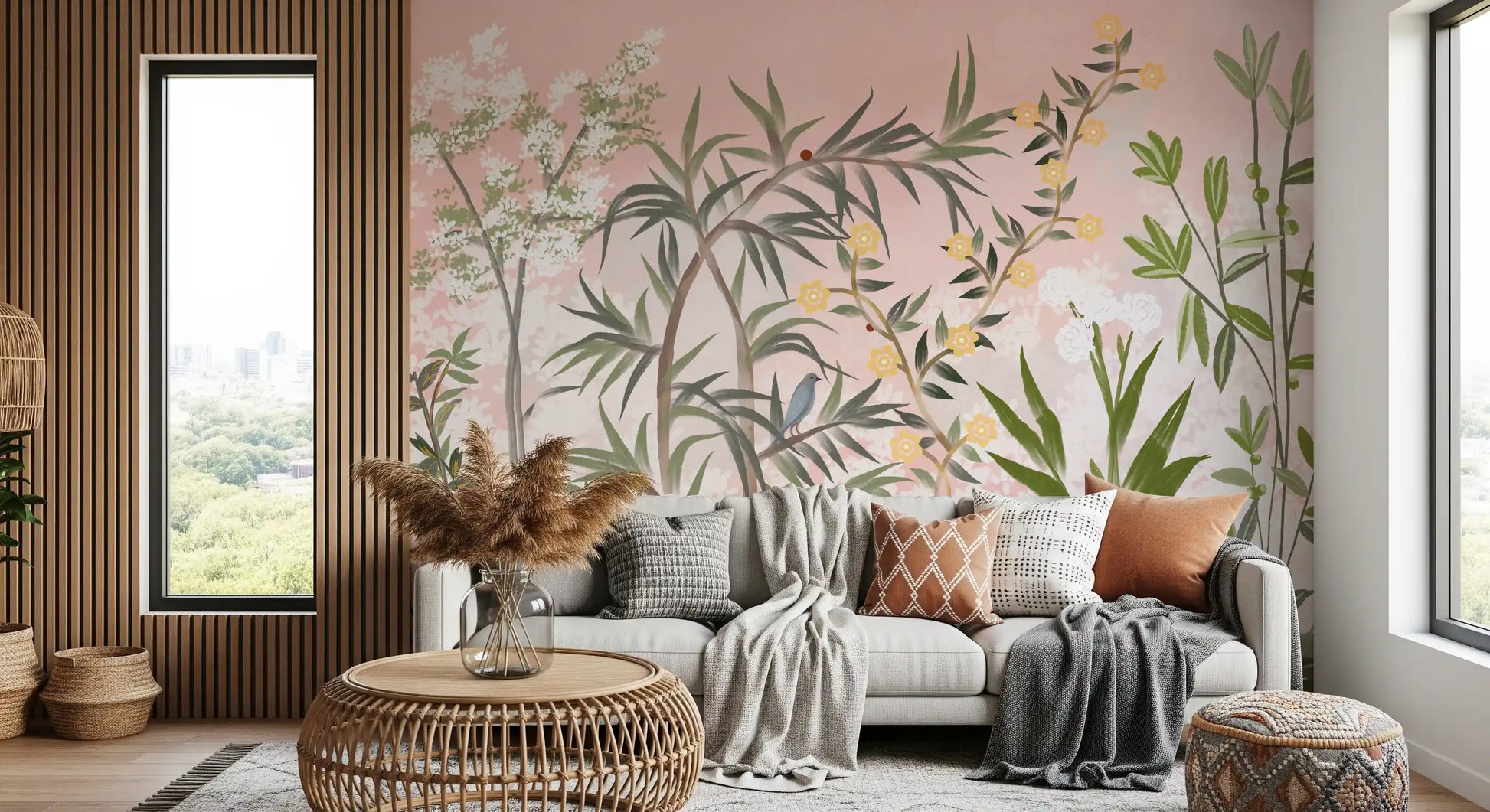Loose chinoiserie brushwork across a Pink Botanical Trees and Birds wall mural piece., GD9732
