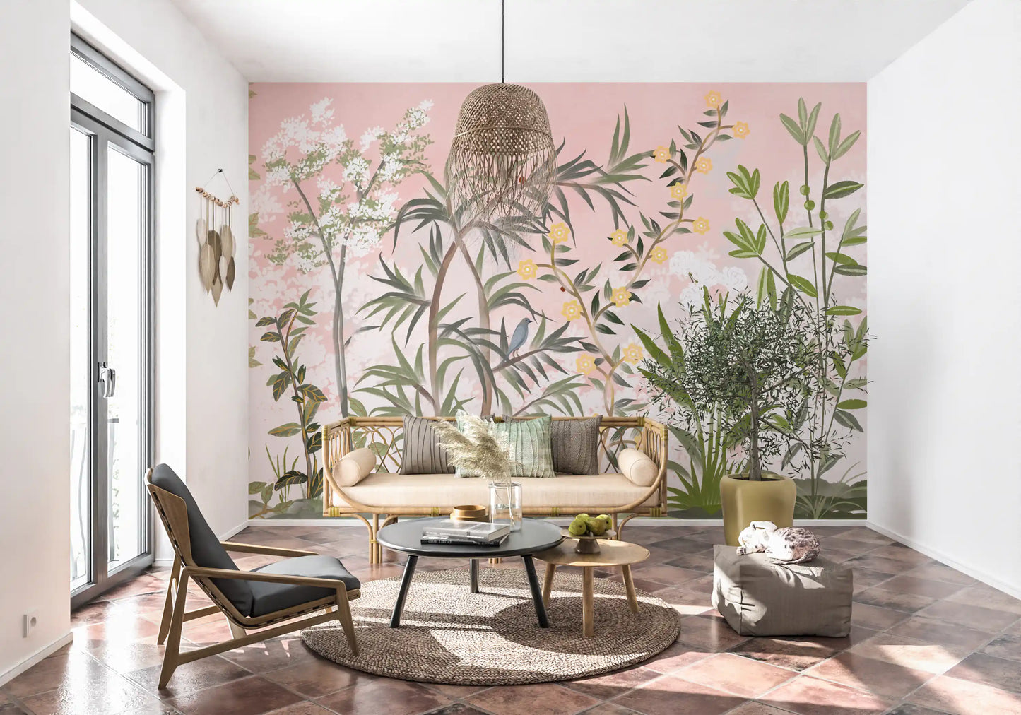 Pale-pink chinoiserie scene flows across a moody Living room botanical wall mural., GD9732