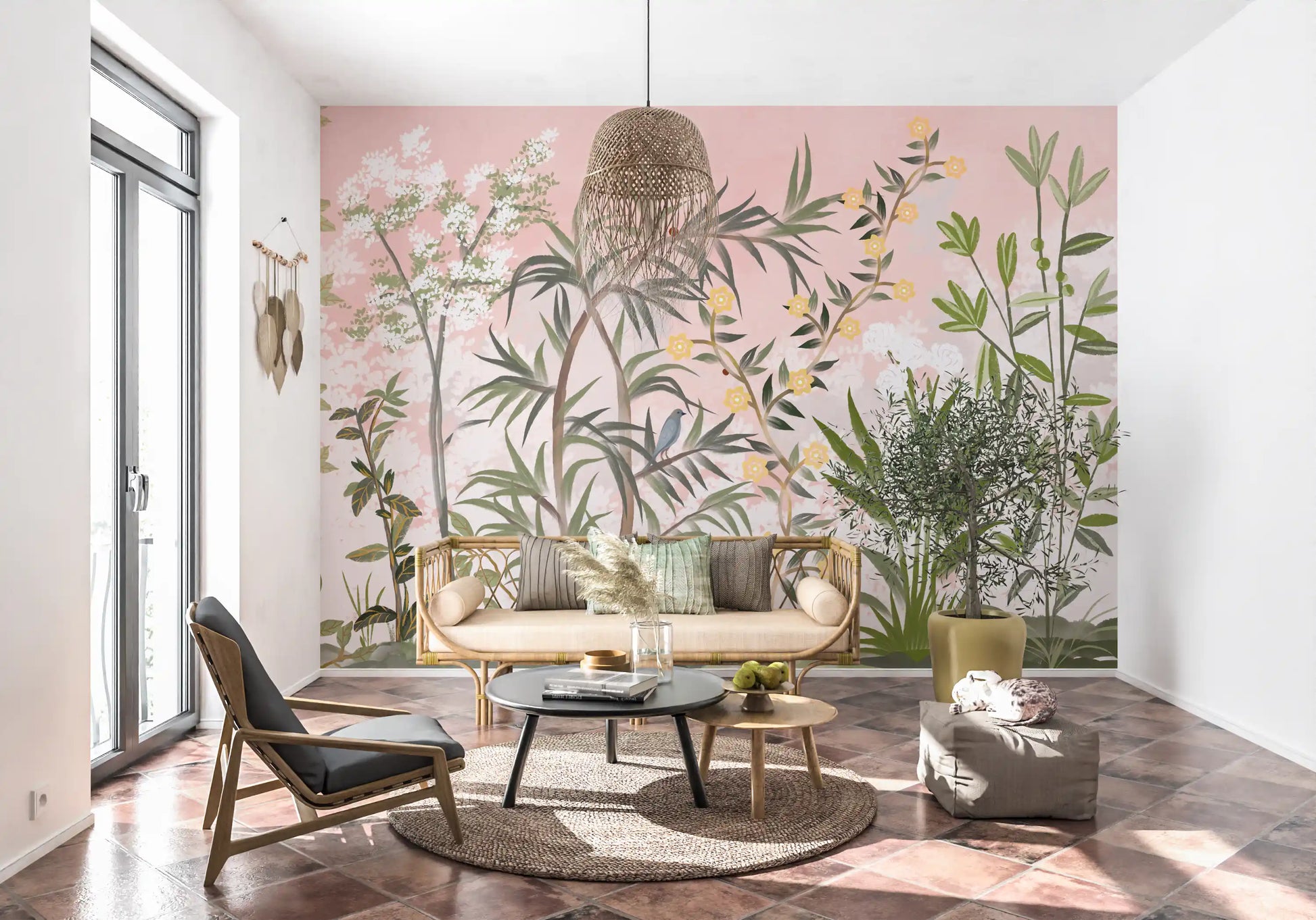 Pale-pink chinoiserie scene flows across a moody Living room botanical wall mural., GD9732