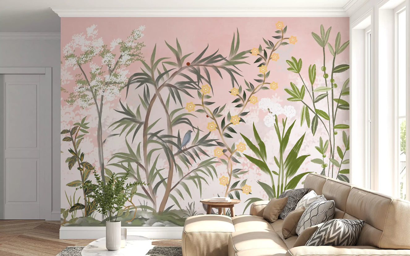 Pink Botanical Serenity wall mural breathes through a bright, airy living room space.
