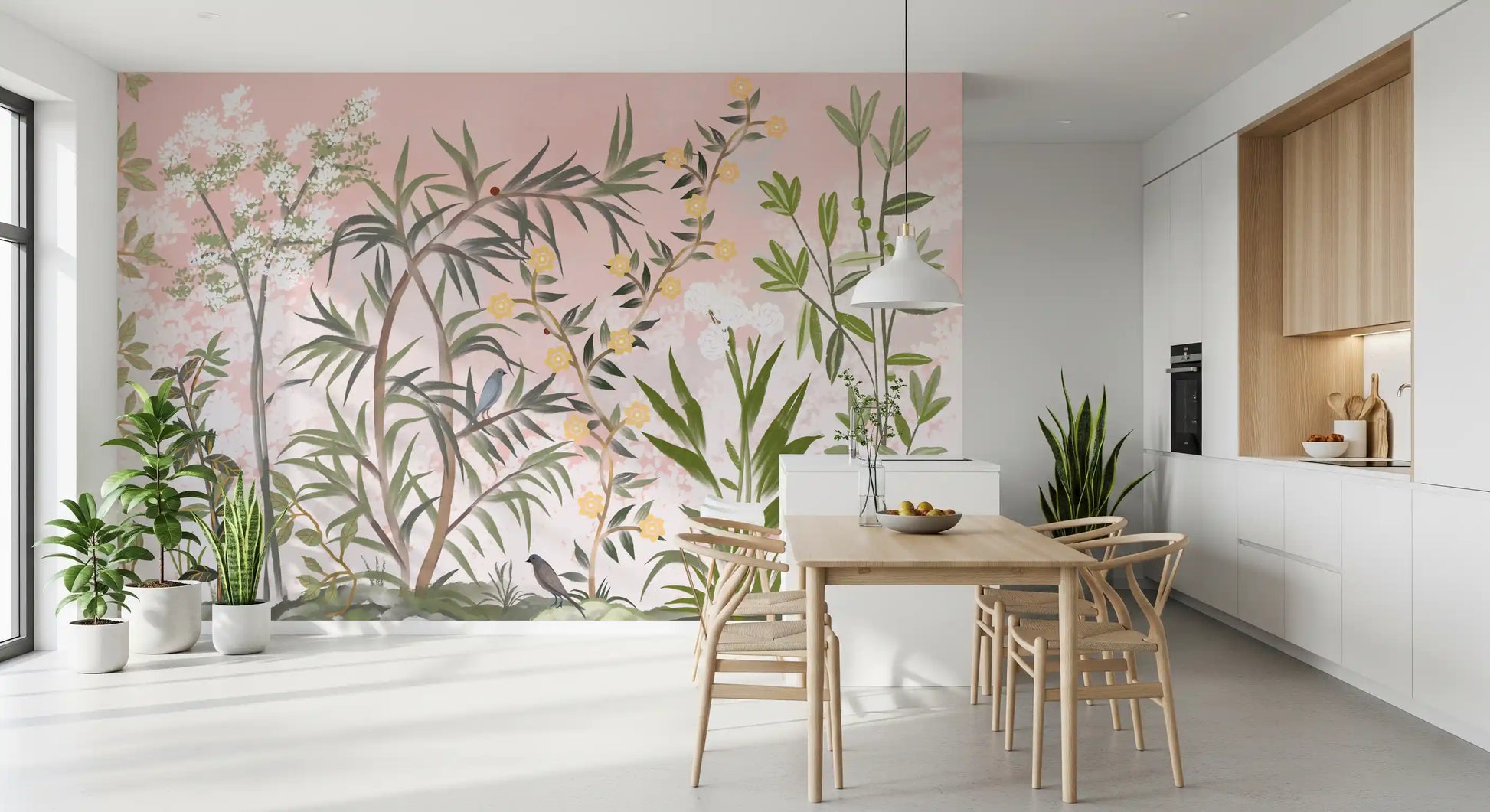 Whisper-pink chinoiserie wall mural drapes a calm dining room in muted botanical tones., GD9732