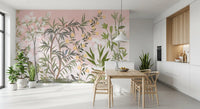 Whisper-pink chinoiserie wall mural drapes a calm dining room in muted botanical tones., GD9732