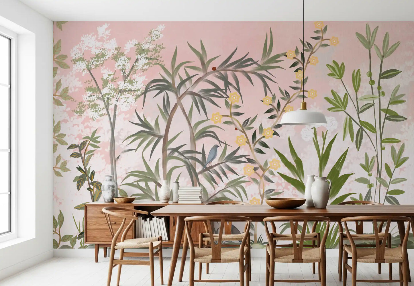 Botanical Serenity chinoiserie wall mural defines a quiet-toned dining room scene., GD9732