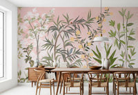 Botanical Serenity chinoiserie wall mural defines a quiet-toned dining room scene., GD9732