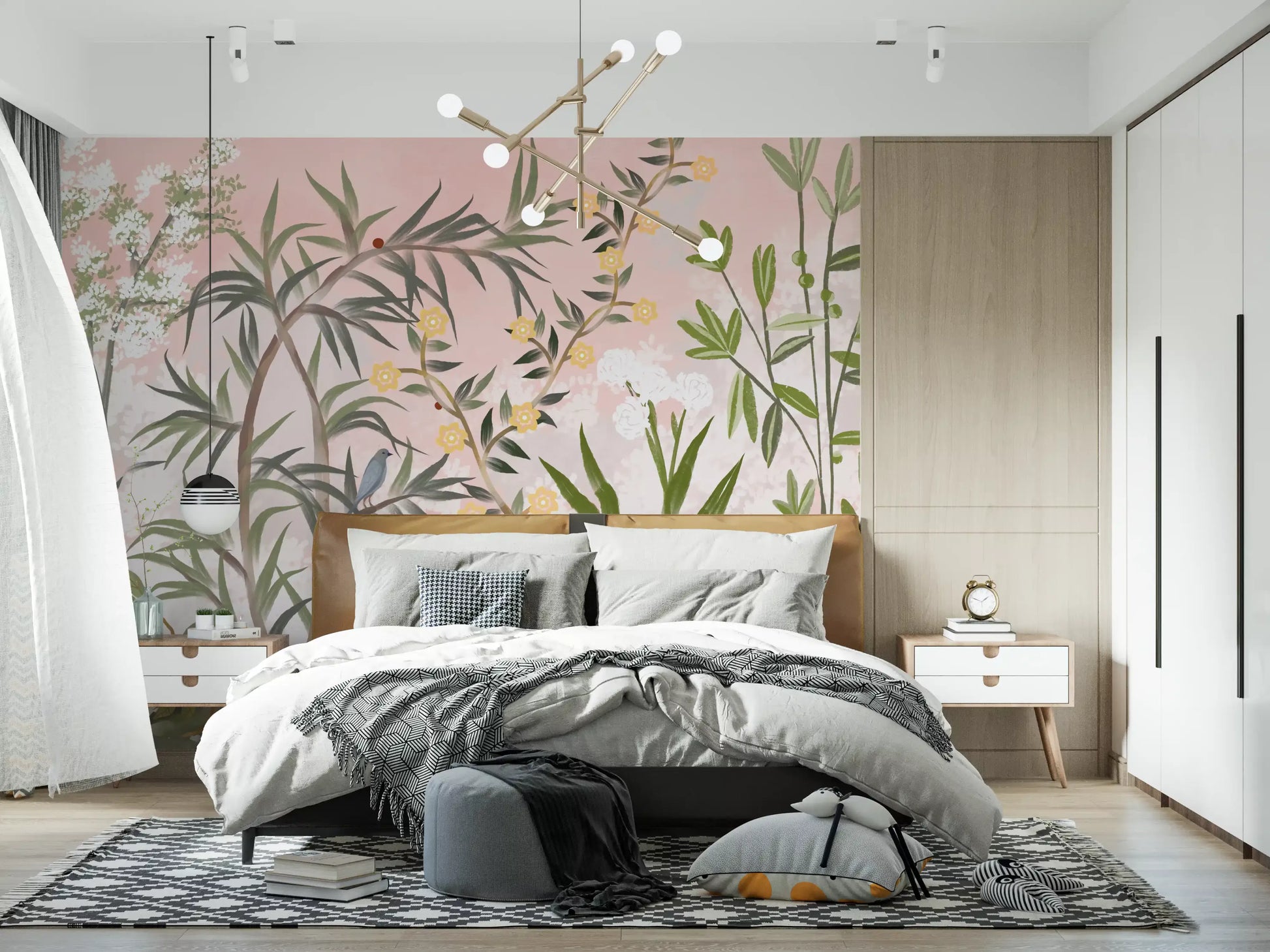 Yellow vine blossoms and creamy peonies cascade across a Pink Botanical wall mural scene., GD9732