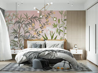 Yellow vine blossoms and creamy peonies cascade across a Pink Botanical wall mural scene., GD9732