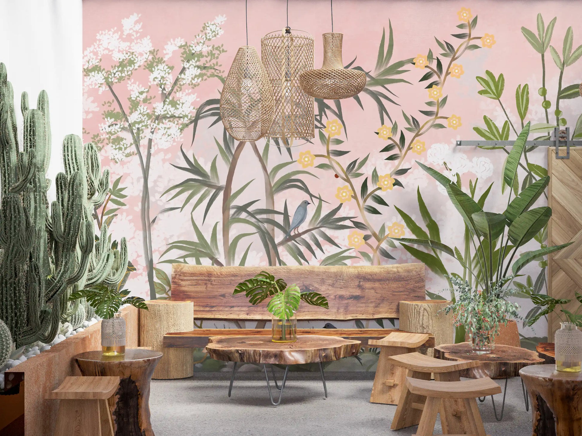 Two birds, pale blue and dusky brown, nestled in a Botanical Trees Chinoiserie wall mural., GD9732