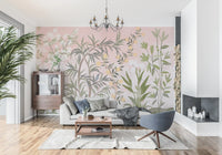 Pink Botanical Serenity wall mural with feathery green stalks and a flowering white tree., GD9732