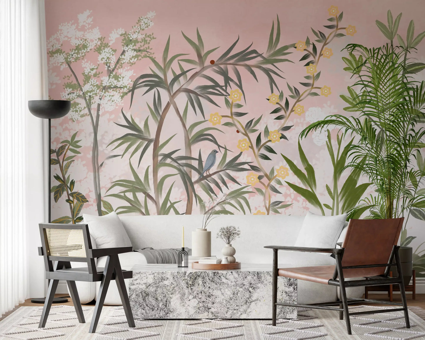 A bright living room glows with chinoiserie magic from a Pink Botanical wall mural., GD9732