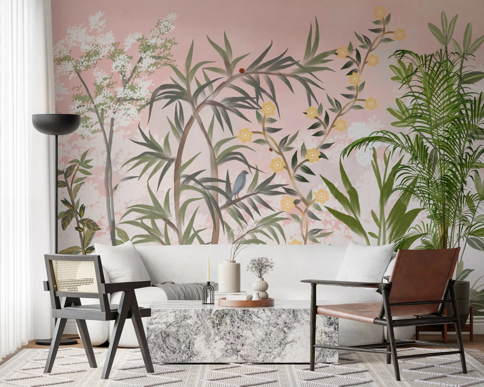 A bright living room glows with chinoiserie magic from a Pink Botanical wall mural., GD9732