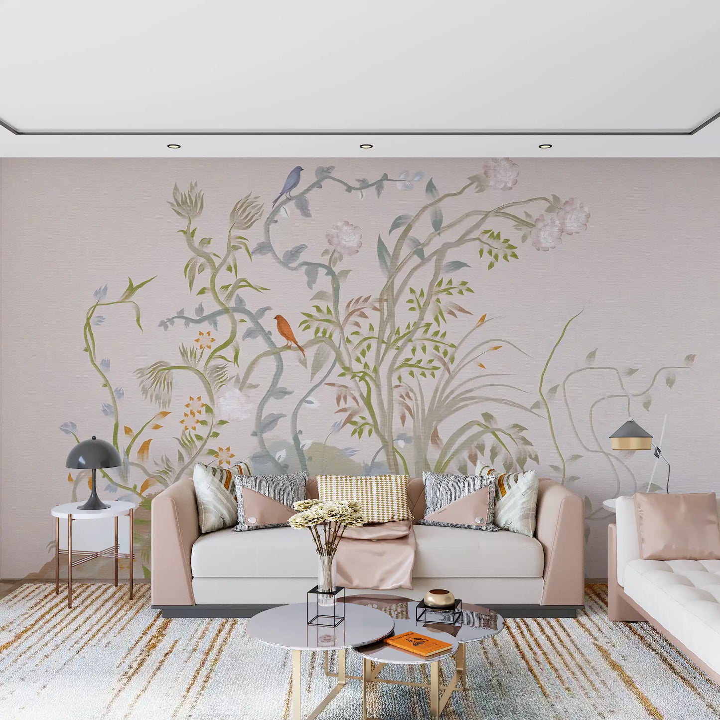 Wall mural shows fine vine work, painted blossoms, and small perched birds in detail.