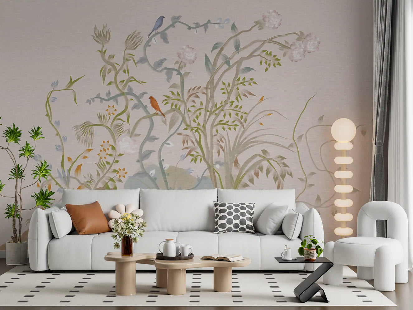 Living room calmed by the chinoiserie songbird wall mural in pink and green.
