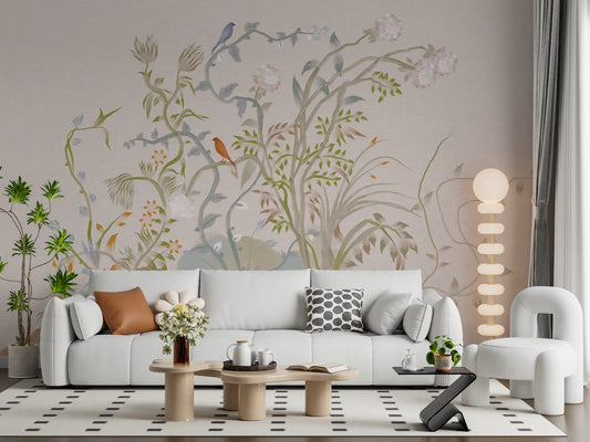 Living room calmed by the chinoiserie songbird wall mural in pink and green.