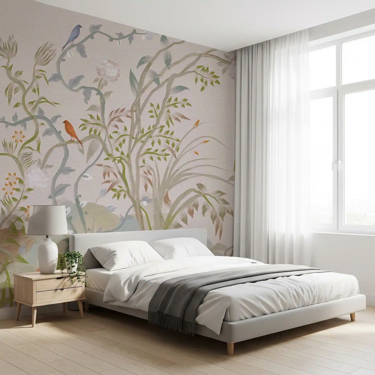 Chinoiserie wall mural giving a bedroom corner a quiet painterly feel.