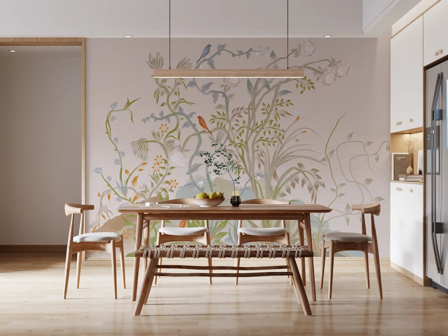 Whispering vines and chinoiserie songbirds layer upward across this wall mural.