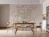 Whispering vines and chinoiserie songbirds layer upward across this wall mural.