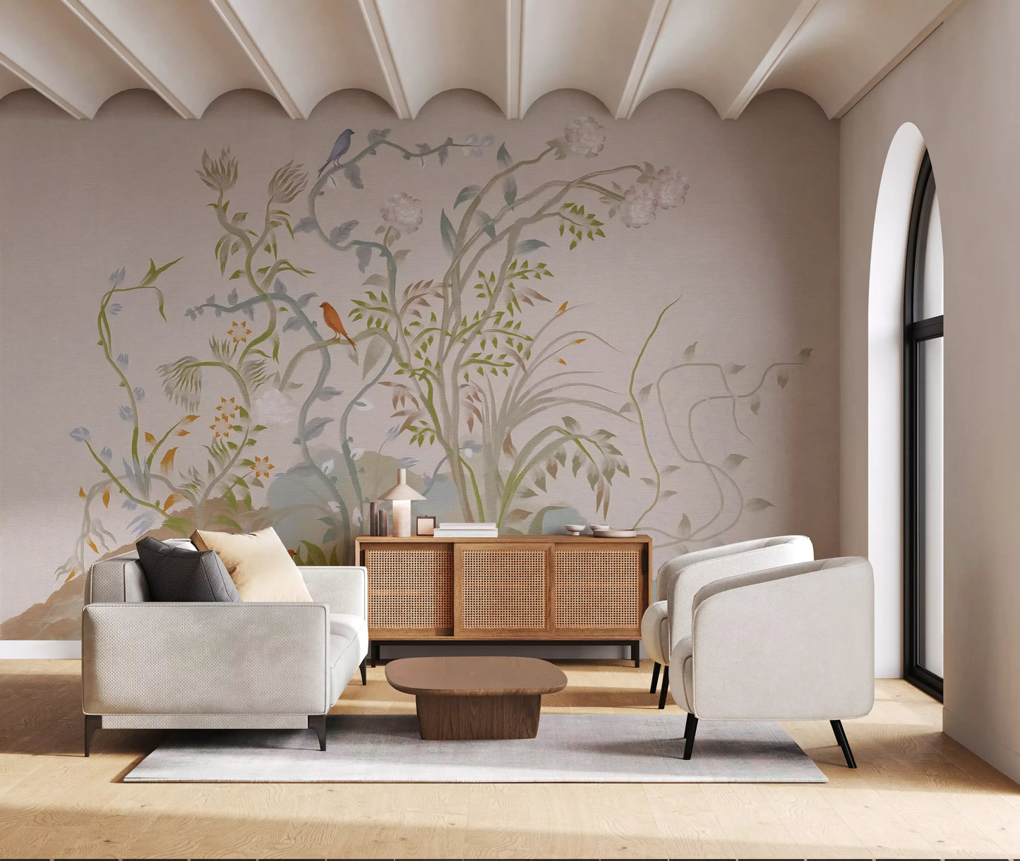 Sitting room scaled around a painterly wall mural of vines and songbirds.