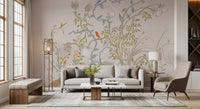 Lounge area set against the chinoiserie wall mural in dusty blush tones.
