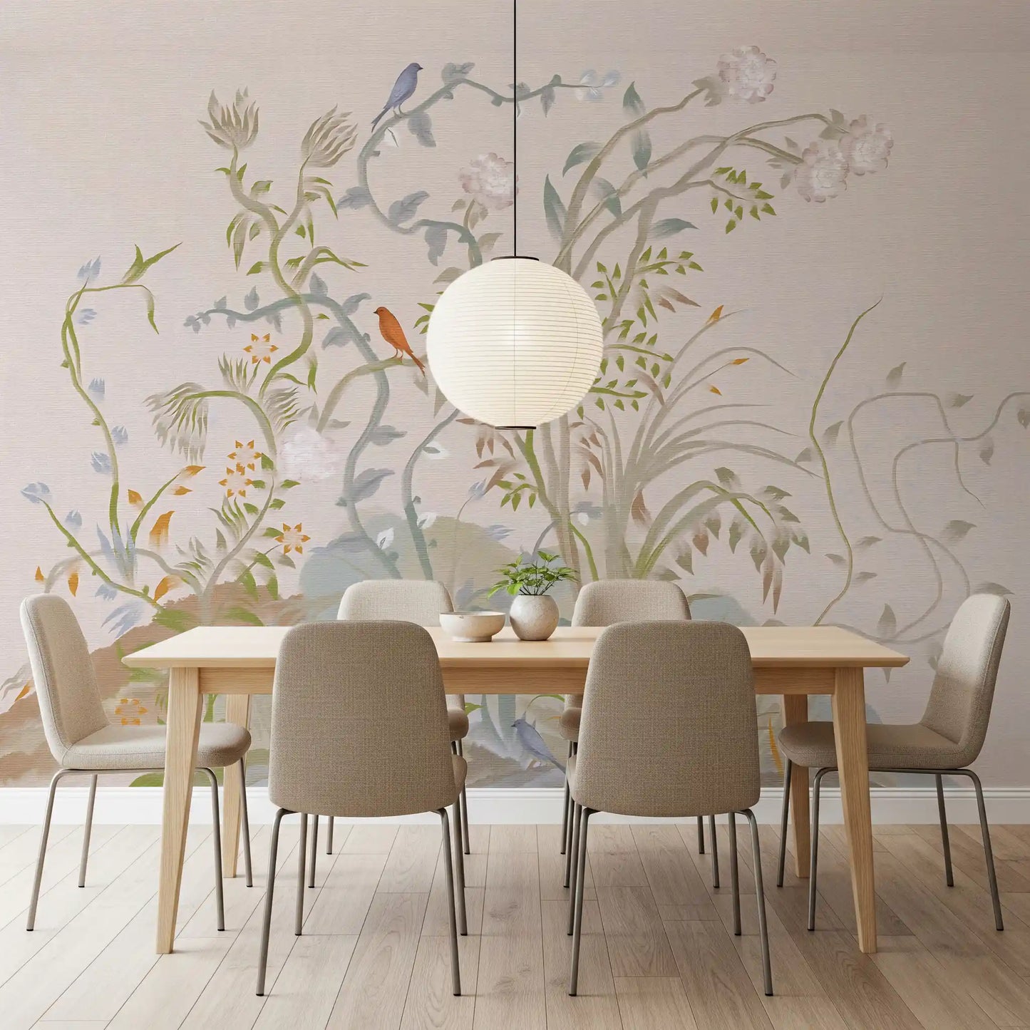 Dining room dressed in the whispering vine wall mural with painted songbirds.