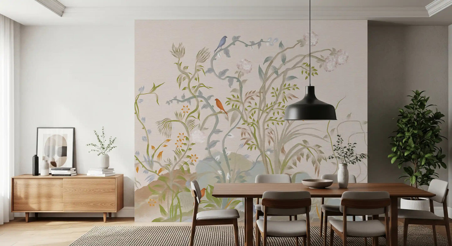Painted pink rose buds and slender grasses fill this chinoiserie songbird wall mural.