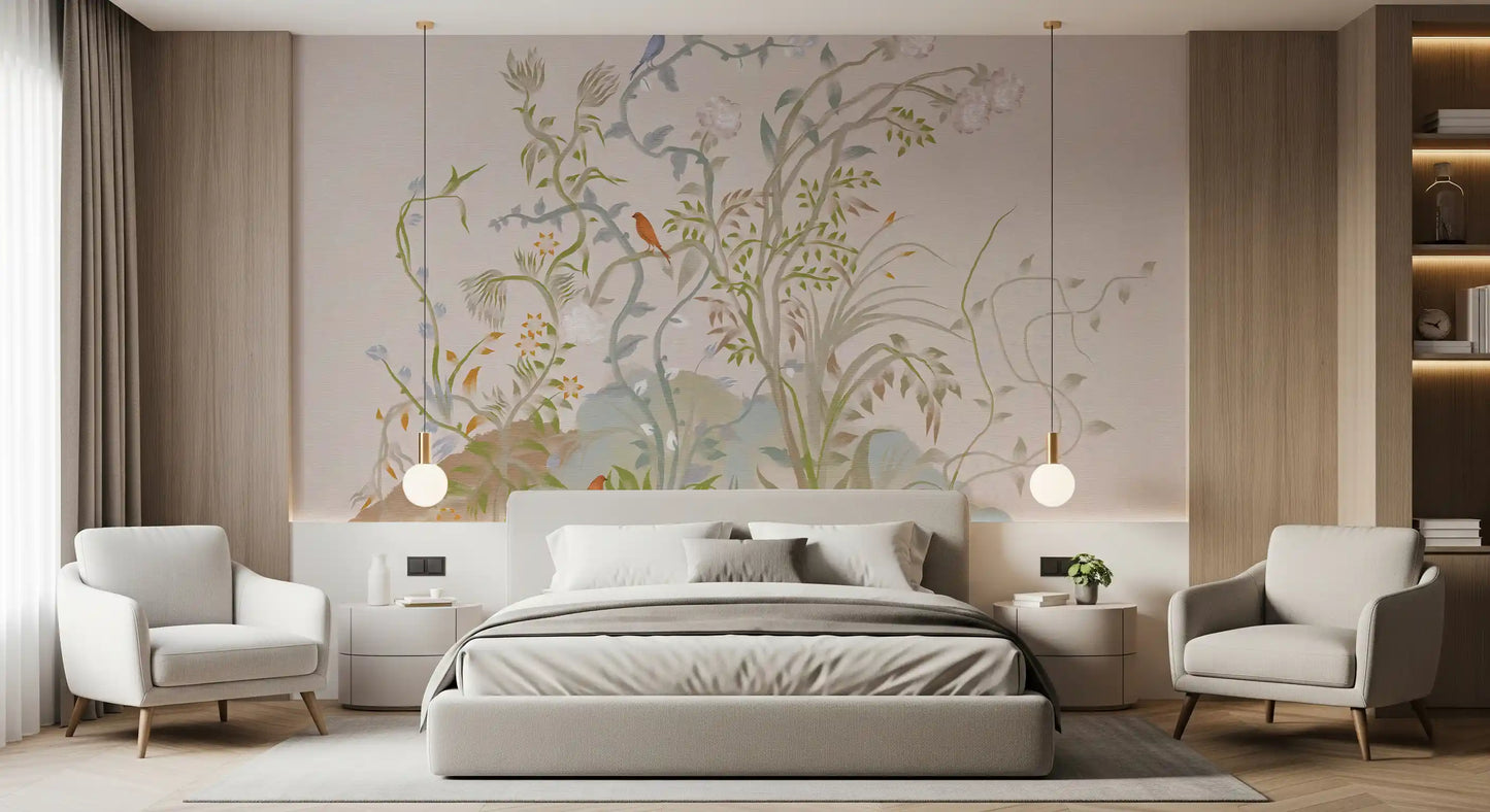 Robin-red and indigo blue songbirds rest on whispering vines in this wall mural.