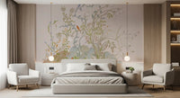 Robin-red and indigo blue songbirds rest on whispering vines in this wall mural.