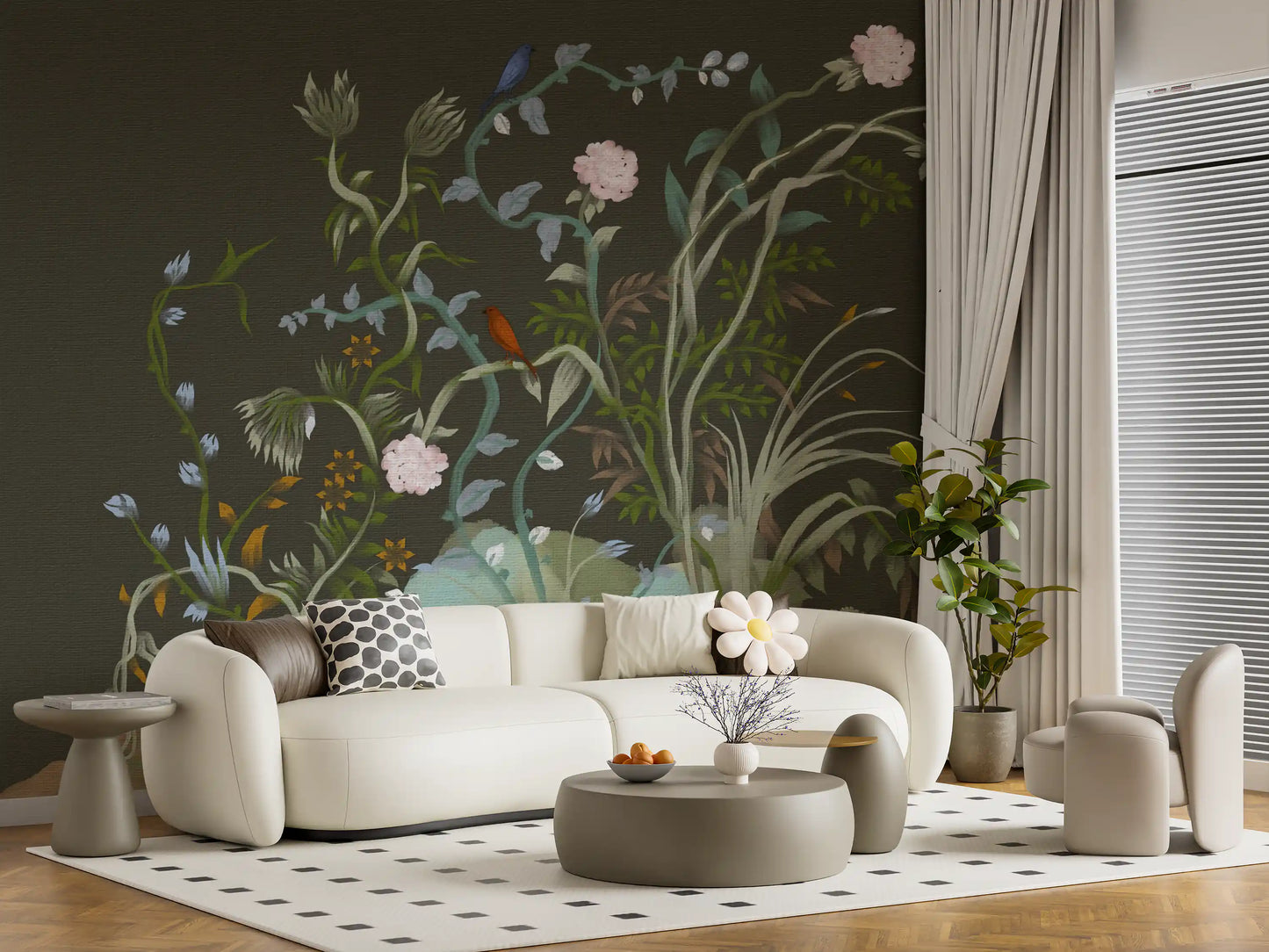 A moody chinoiserie wall mural deepens lounge spaces with painted vines and birds.