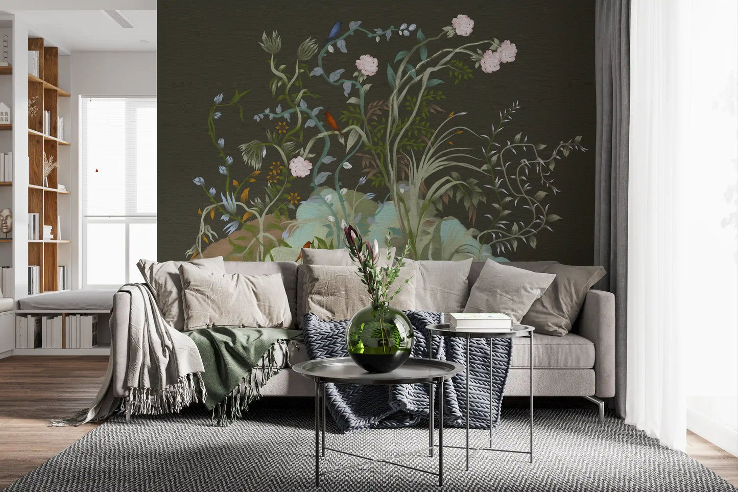 Twisting vines climb upward through deep olive on this birds-and-vines wall mural.