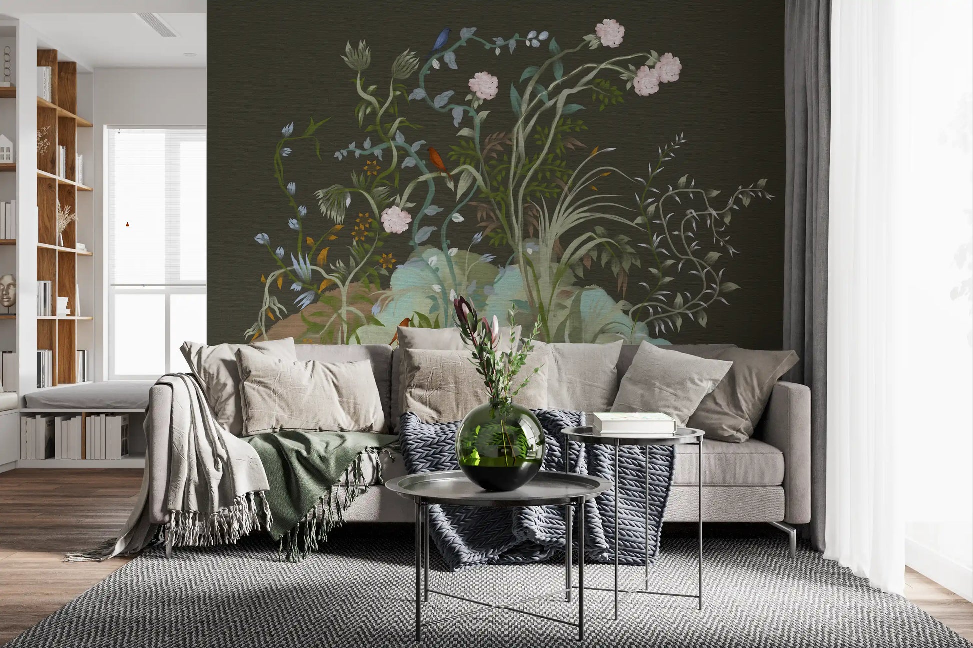 Twisting vines climb upward through deep olive on this birds-and-vines wall mural.