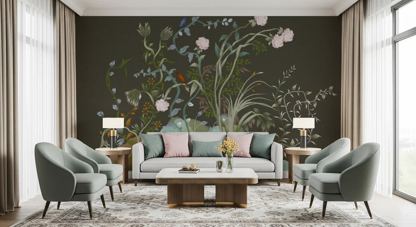 Quiet hallways open into garden-bright energy from this chinoiserie wall mural.