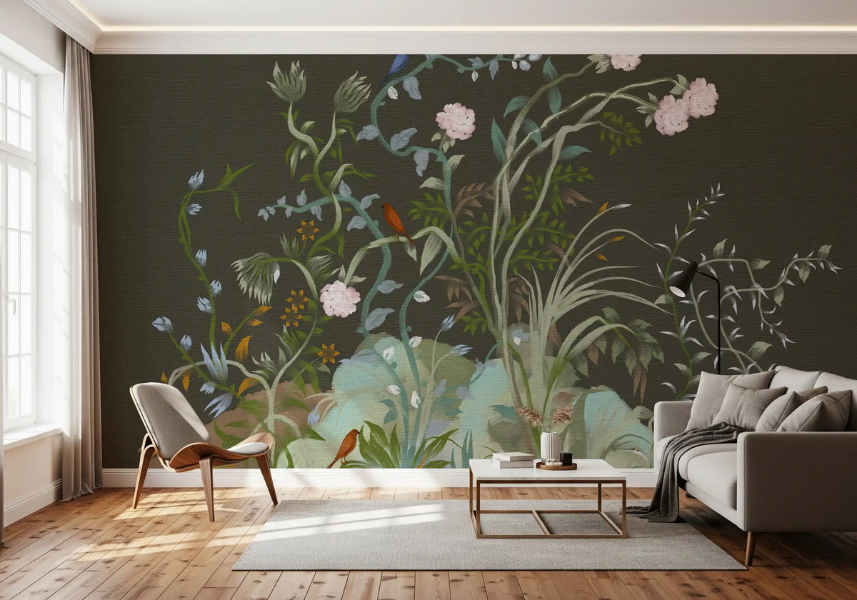 Between climbing stems, a bright red bird perches on this chinoiserie wall mural., GD9734