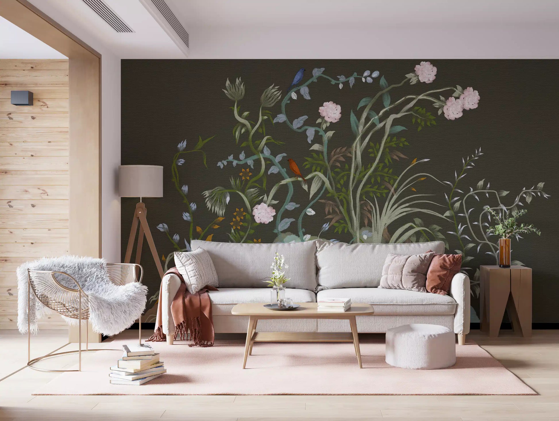 Layered painterly detail anchors a Living room through this chinoiserie wall mural.