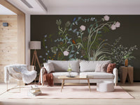 Layered painterly detail anchors a Living room through this chinoiserie wall mural.