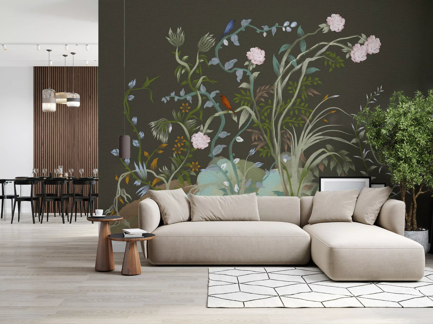 With painted birds and verdant vines, this chinoiserie wall mural lifts Living room.