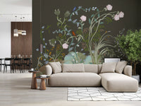 With painted birds and verdant vines, this chinoiserie wall mural lifts Living room.