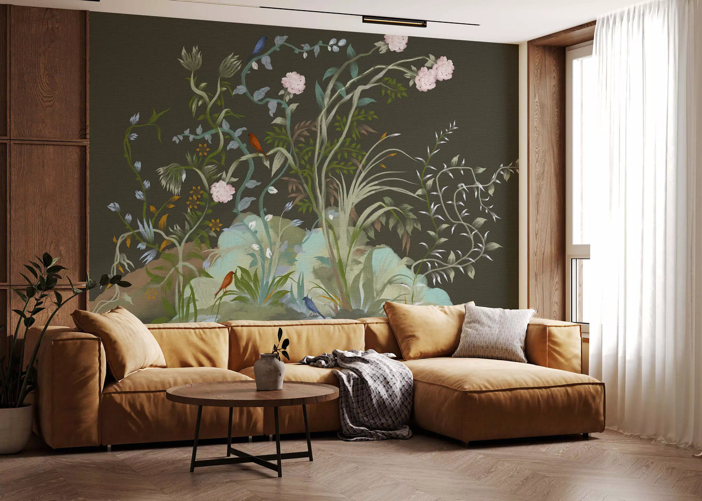 Pink peonies cluster at the top corner of this moody chinoiserie wall mural.