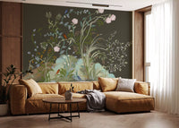 Pink peonies cluster at the top corner of this moody chinoiserie wall mural.