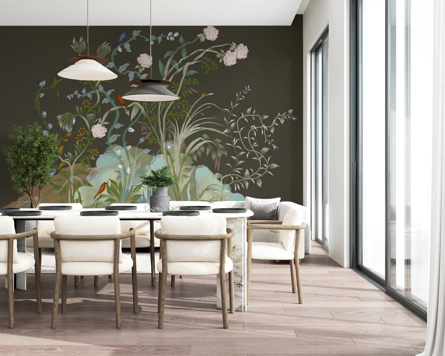 Rendered in painterly chinoiserie style, the wall mural layers garden birds and blooms.