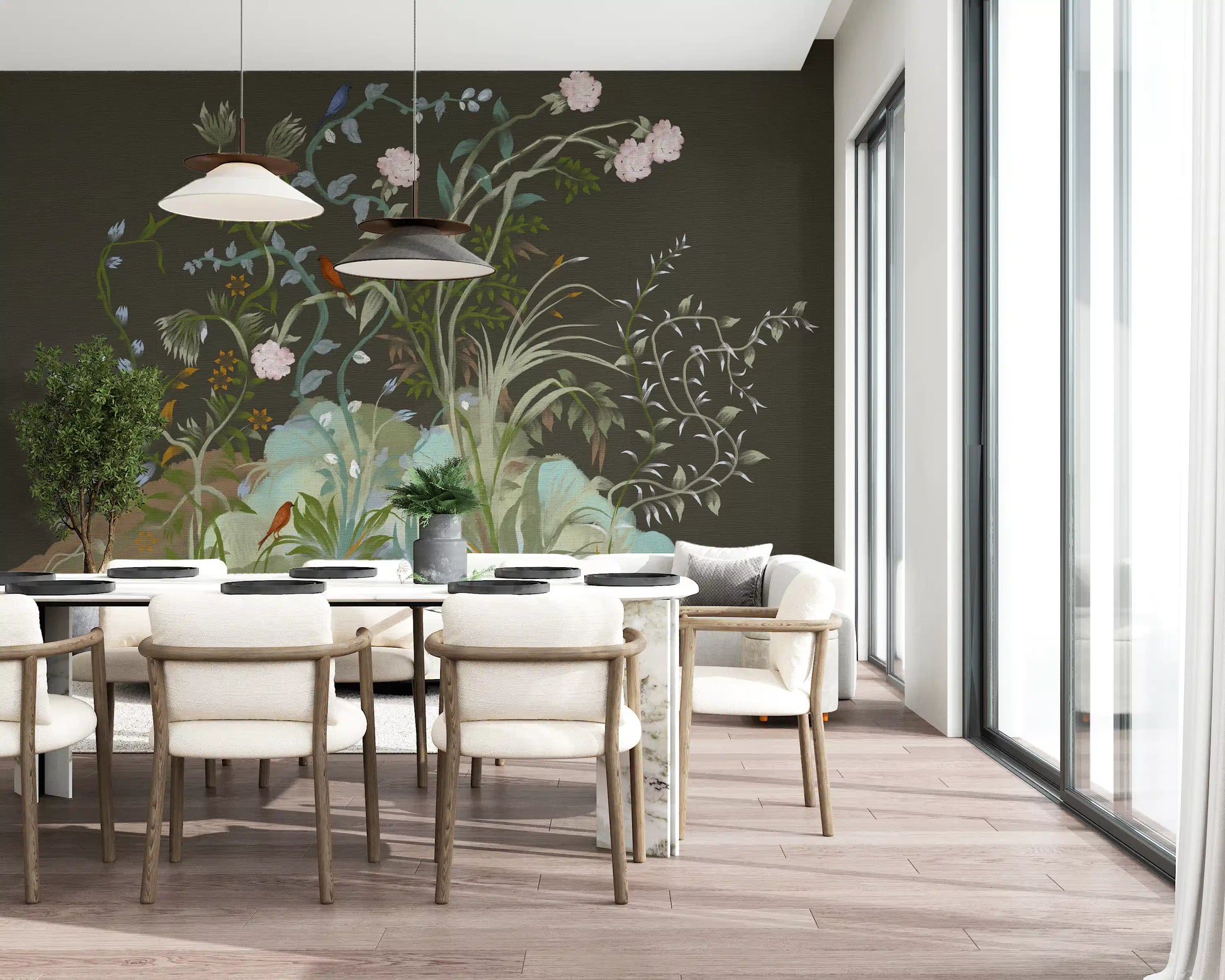 Rendered in painterly chinoiserie style, the wall mural layers garden birds and blooms.