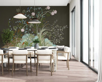Rendered in painterly chinoiserie style, the wall mural layers garden birds and blooms.