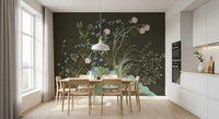 Quiet drama drifts into the Dining room from this birds-and-vines wall mural.
