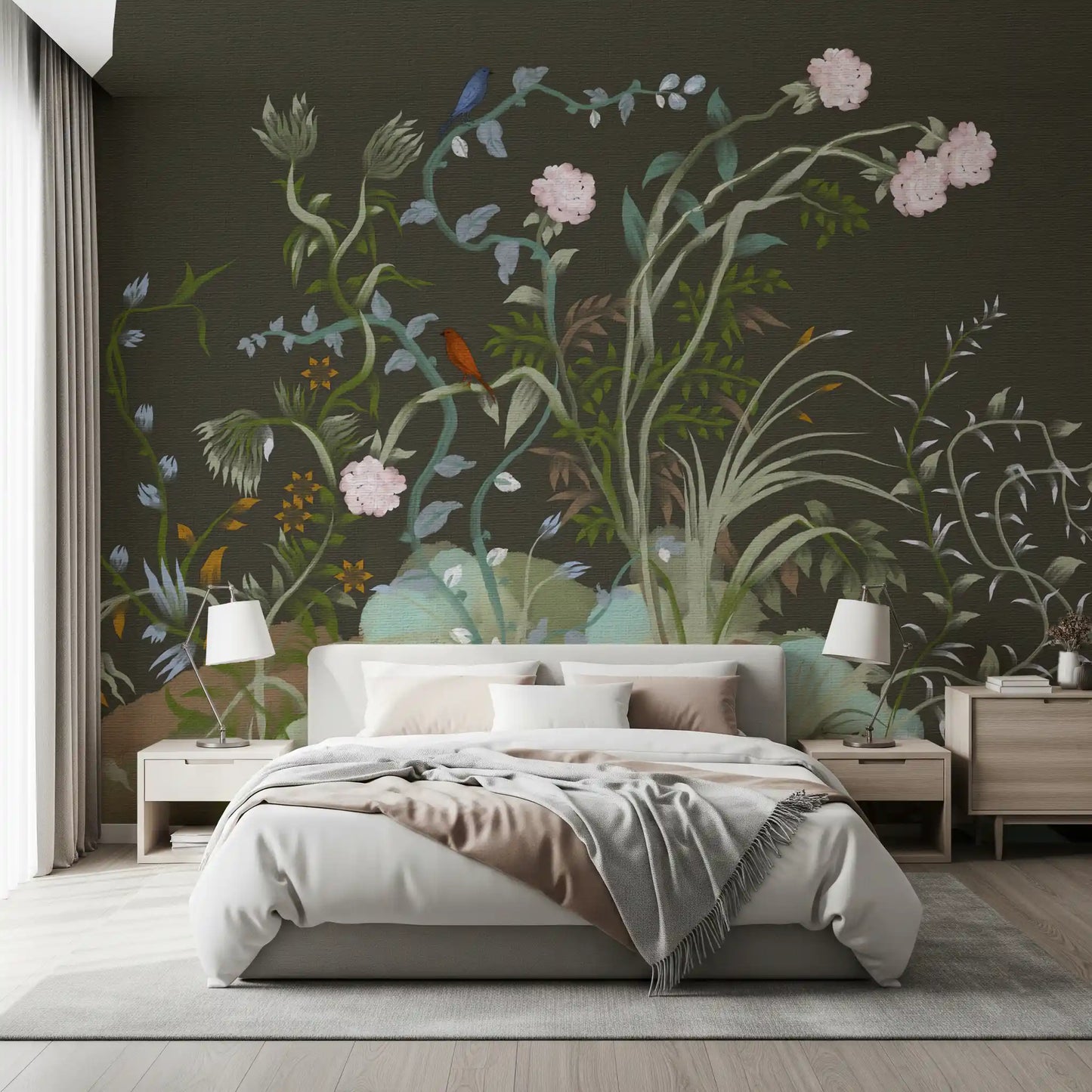 Setting a bedroom into quiet drama, this moody chinoiserie wall mural pulls focus.