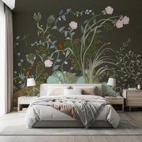 Setting a bedroom into quiet drama, this moody chinoiserie wall mural pulls focus.