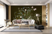 Vines, birds and chinoiserie florals calm a stylish living room with green wall mural., GD9735