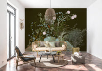 Olive-toned chinoiserie wall mural sits at the heart of a bright open living room., GD9735