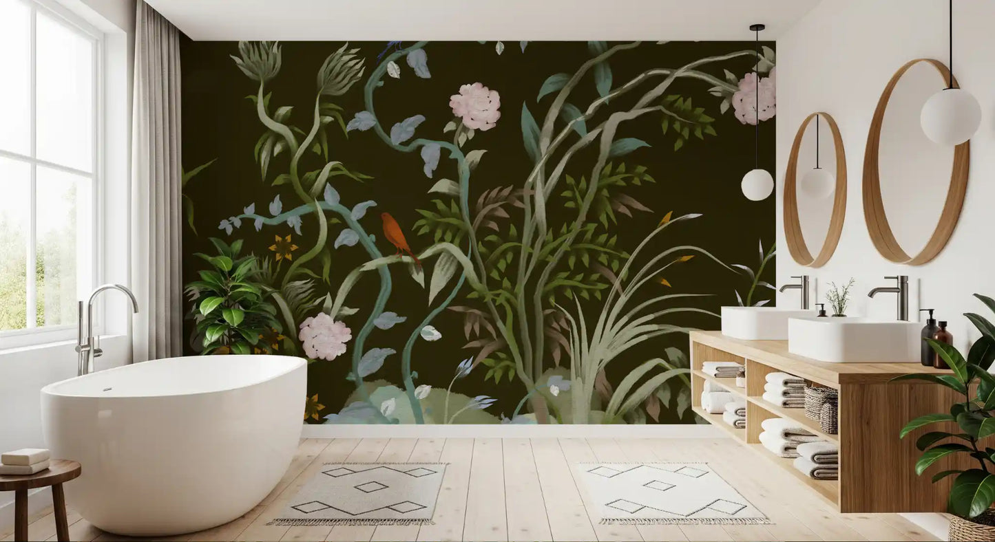 Twisting peonies and chinoiserie vines wrap a serene bathroom in green wall mural., GD9735